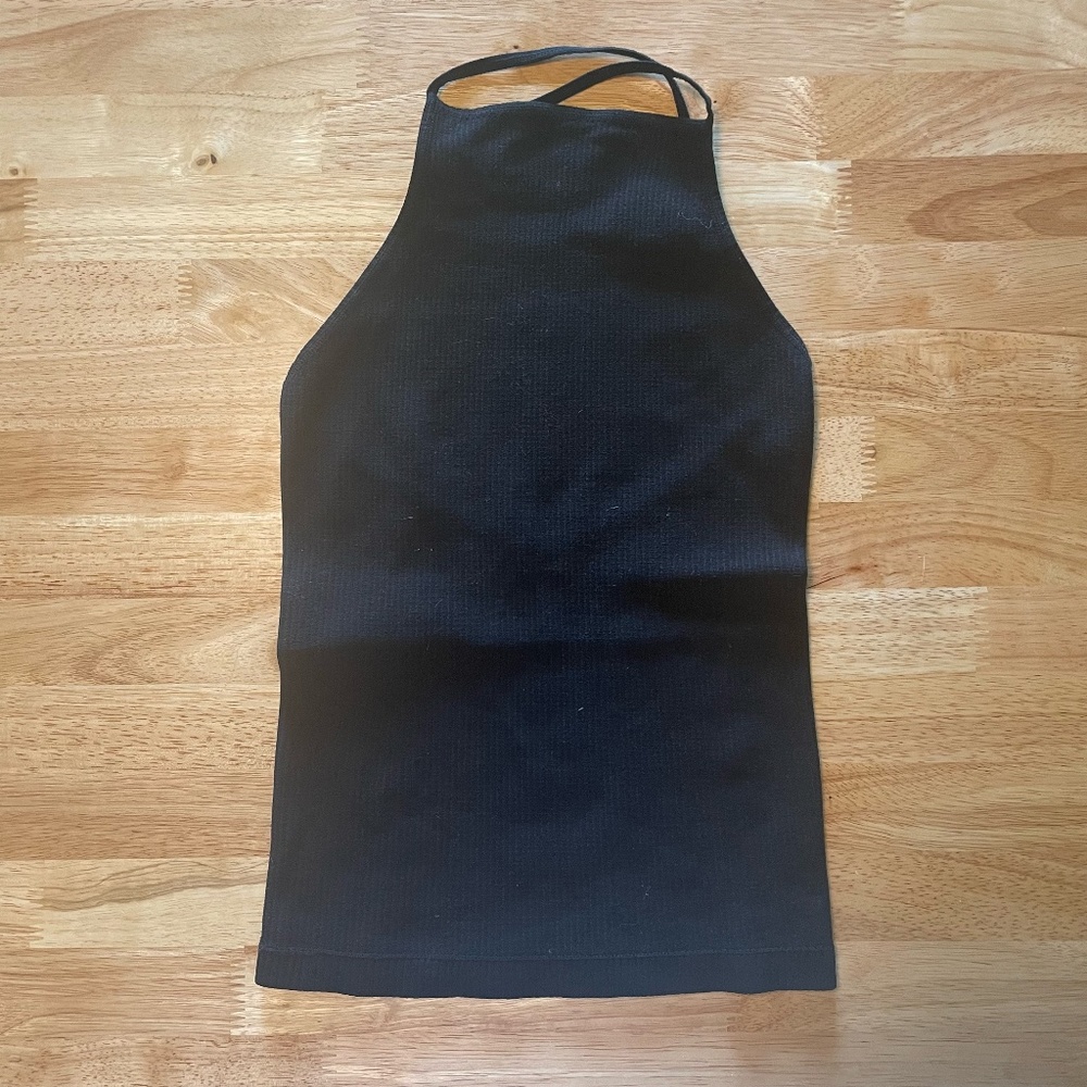 Free People Seamless Rib Cross Back Black Tank Top